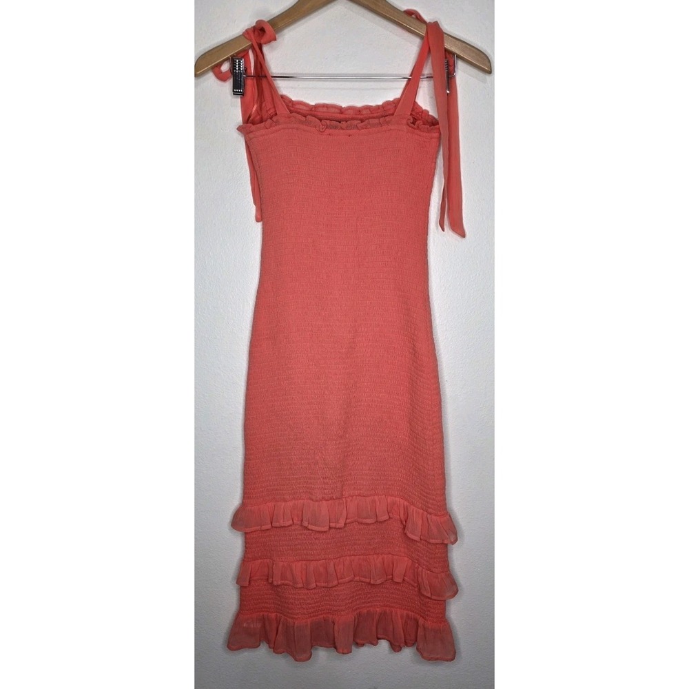 New Abercrombie Fitch Smocked Ruffle Tiered Tie Gauze Strap Orange Sundress Boho - Picture 3 of 8